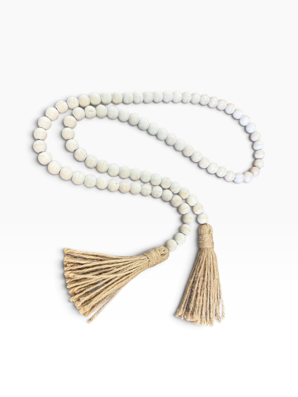 Whitewashed Wood Bead Garland Jute Tassels Farmhouse Boho Decor